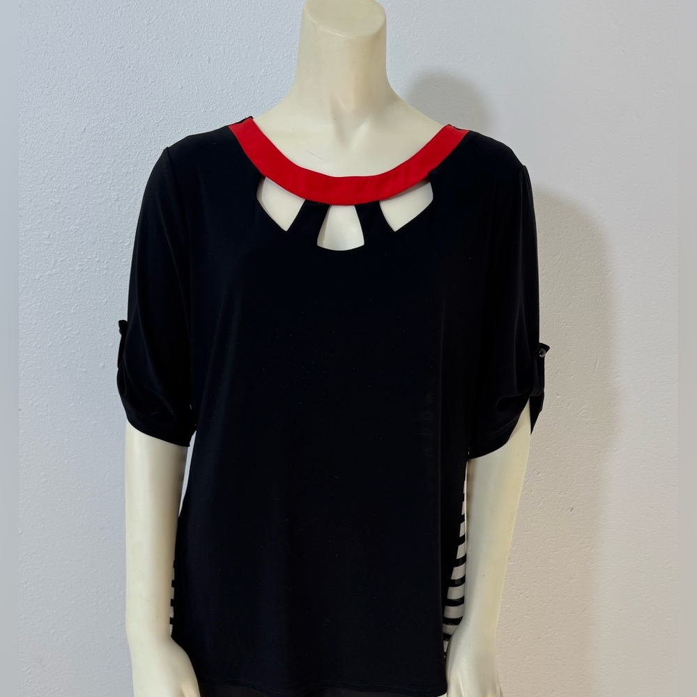 Perseption Cut Out Neck Striped Back Blouse in black/red/white - EUC - Vintage